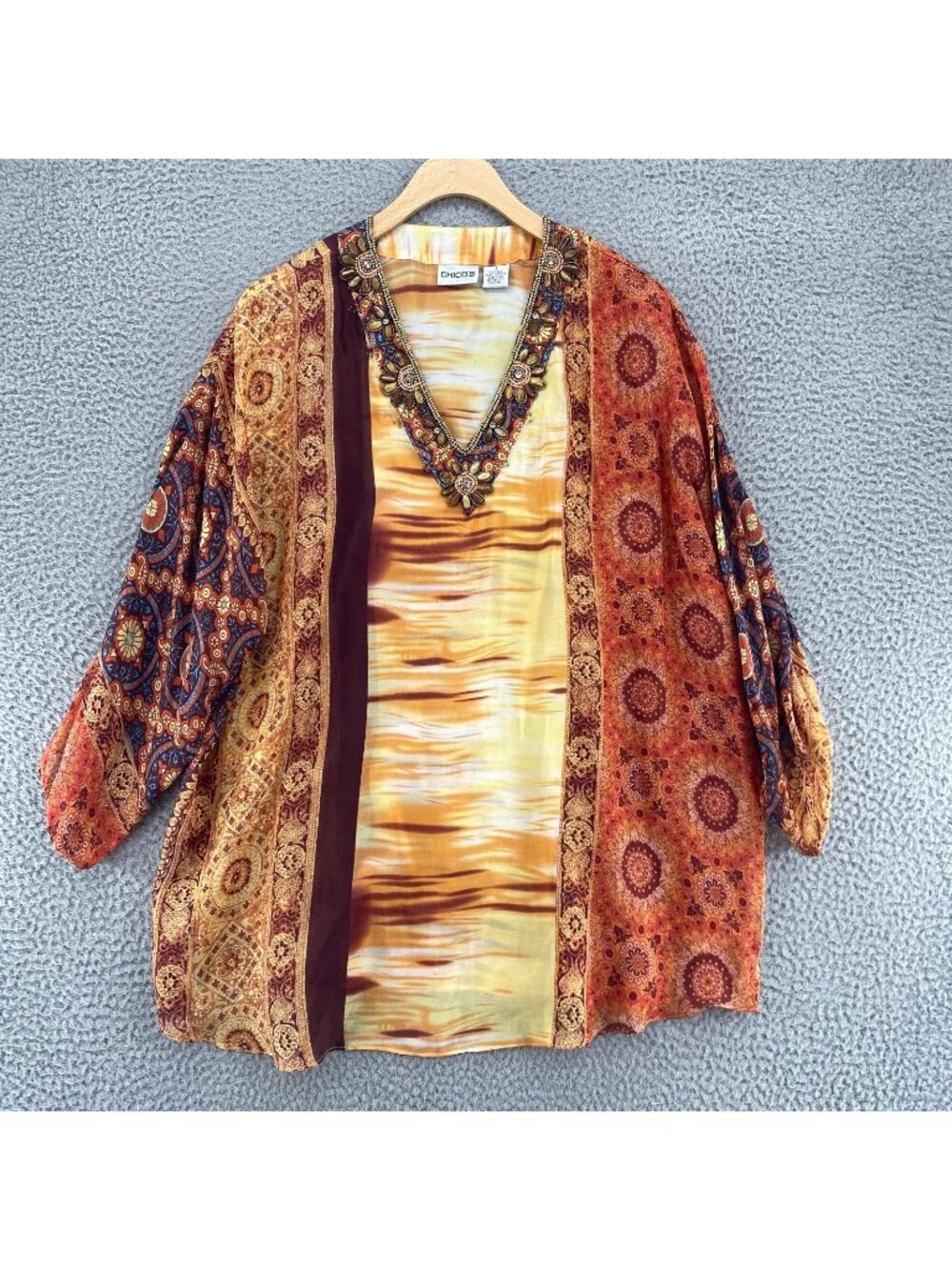 Chicos Top Women 2 US Large Orange Navy Silk Embellished V Neck Dolman Sleeves